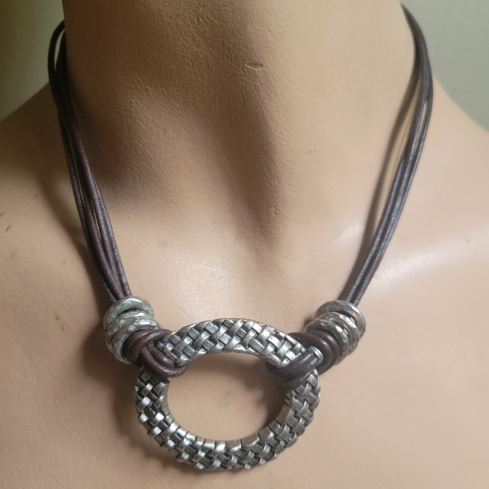 Chico's‎ Brown Leather Cord Silver Woven Ring Pendant Necklace Boho 90s
